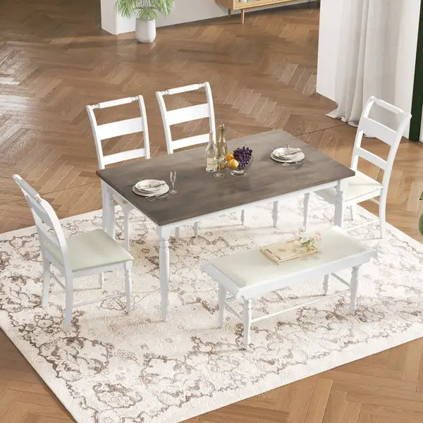 TOPMAX 6-Piece White Dining Set with Turned Legs - Kitchen Table, Chairs & Bench, Retro Style