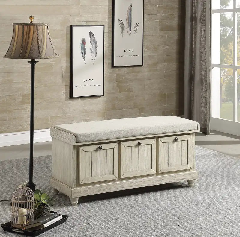 White Storage Bench with Flip-Top Seat & Cushioned Top - Solid Wood