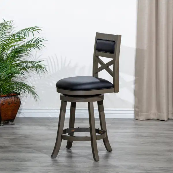 24" Weathered Gray Counter Height Swivel Stool with Black Leather Seat - Minihomy