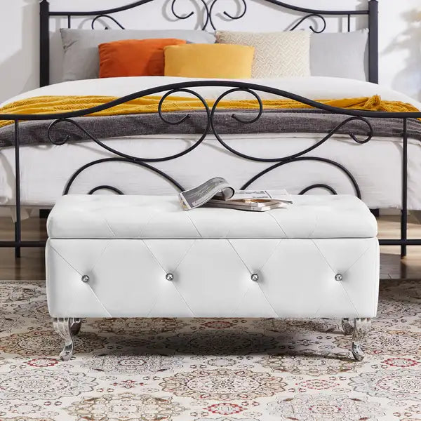 White PU Storage Bench with Padded Seat & Safety Hinge - Holds 250 lbs