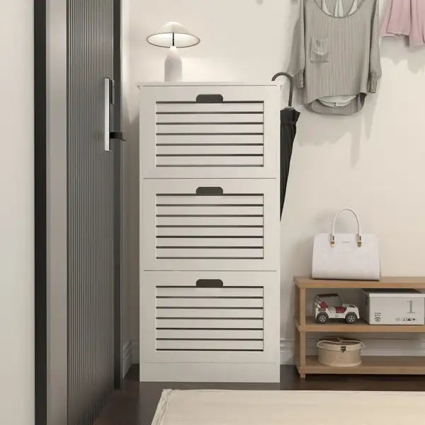 White Wooden Shoe Cabinet with 3 Flip Doors - Entryway Storage