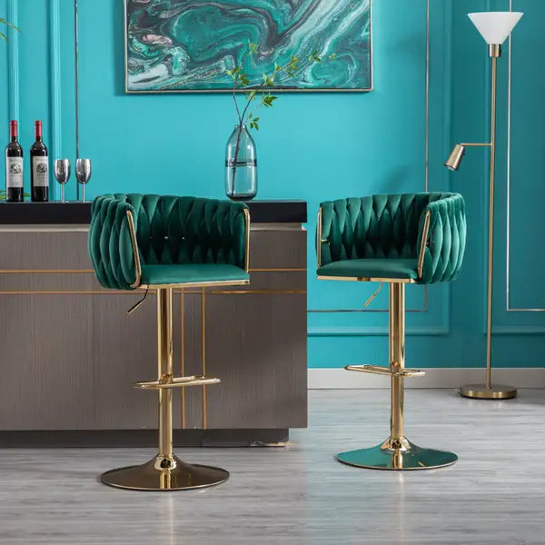 Set of 2 Swivel Height Adjustable Velvet Bar Stools with Chrome Base - Green