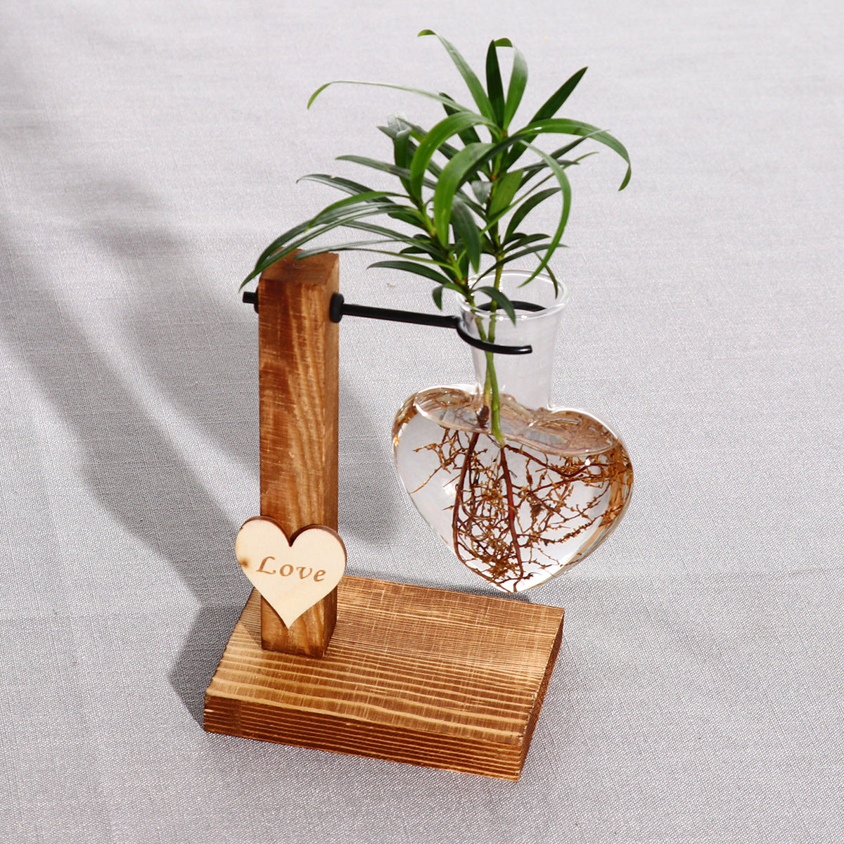 Love Heart Shape Clear Glass Hydroponic Flower Vase with Wooden Stand