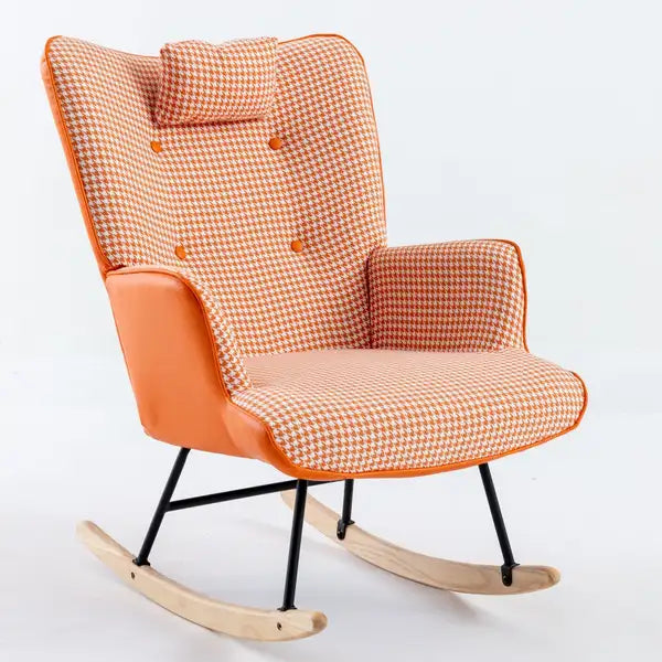 Orange Houndstooth Rocking Chair - Nursery Glider Rocker with Solid Wood Base