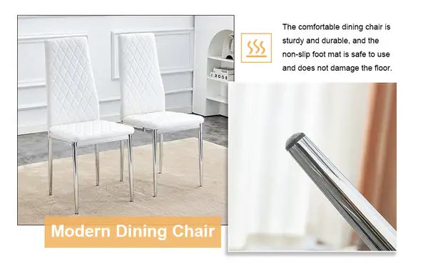 Modern Dining Chairs Set of 4 | White Upholstery, Silver Metal Legs, High Backrest - Restaurant, Living Room, Kitchen, Office - Minihomy