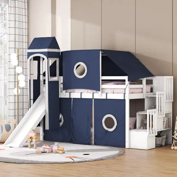 Twin Loft Bed with Tent & Tower - Blue Kids Bedroom Furniture