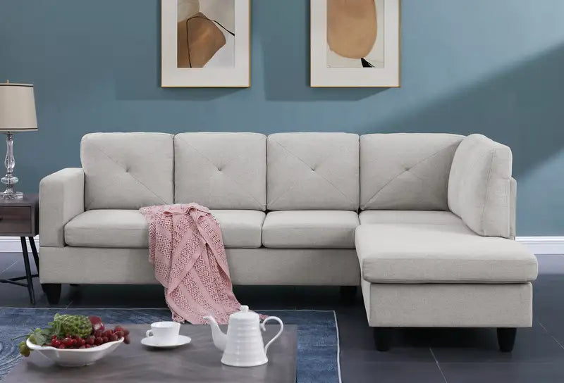 96" Light Gray Linen Sectional Sofa w/ Right Chaise - Santiago