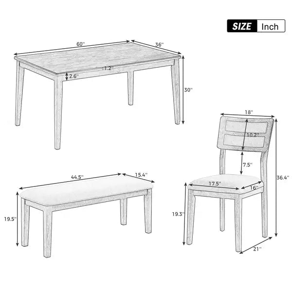 6-Piece Dining Set with Table, Chairs & Bench - Classic White & Gray - TREXM - Minihomy