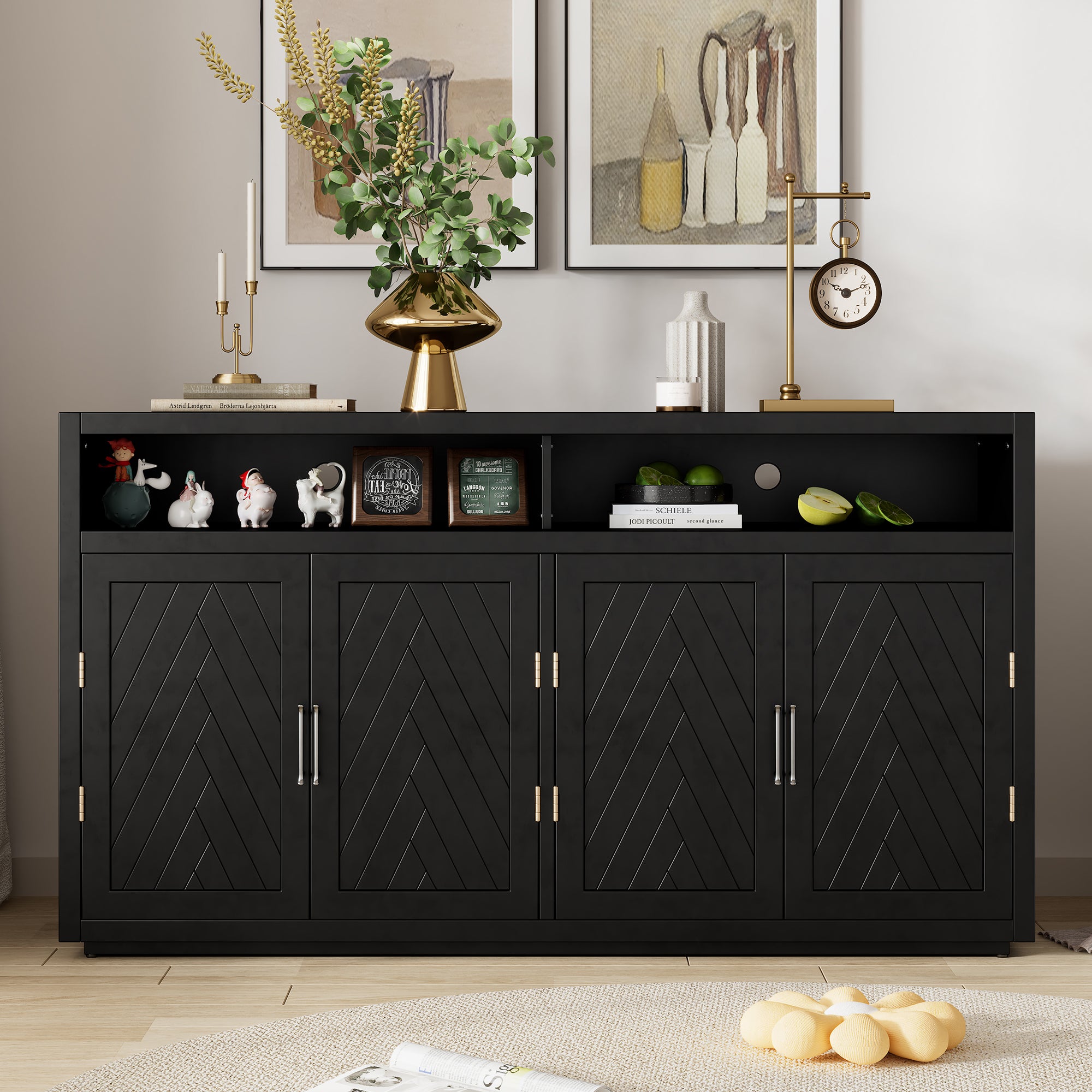 TREXM 4-Door Classic Sideboard - Open Storage, Adjustable Shelves (Black) - Kitchen & Living Room Furniture