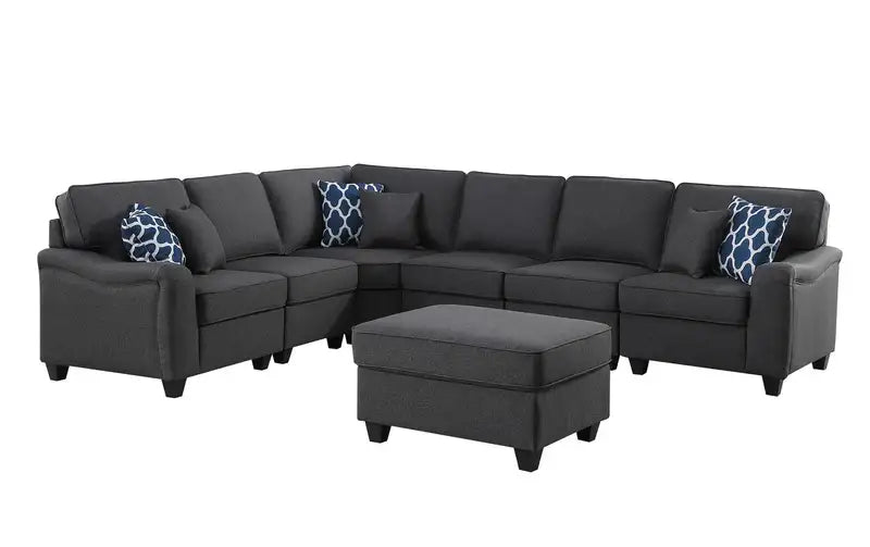 Leo 7-Piece Modular L-Shaped Sectional Sofa & Ottoman - 125" Dark Gray Linen