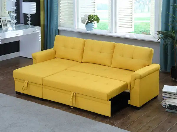 Lucca Reversible Sleeper Sectional Sofa - 84" Yellow Linen, Storage Chaise