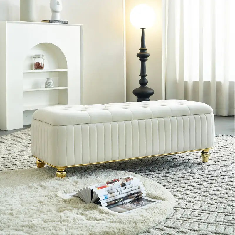 Large Beige Velvet Ottoman with Gold Legs - 47" Storage Bench