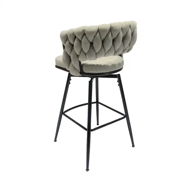 Grey Linen Woven Bar Stools with Backrest, 360 Swivel, Set of 2, Black Legs - Minihomy