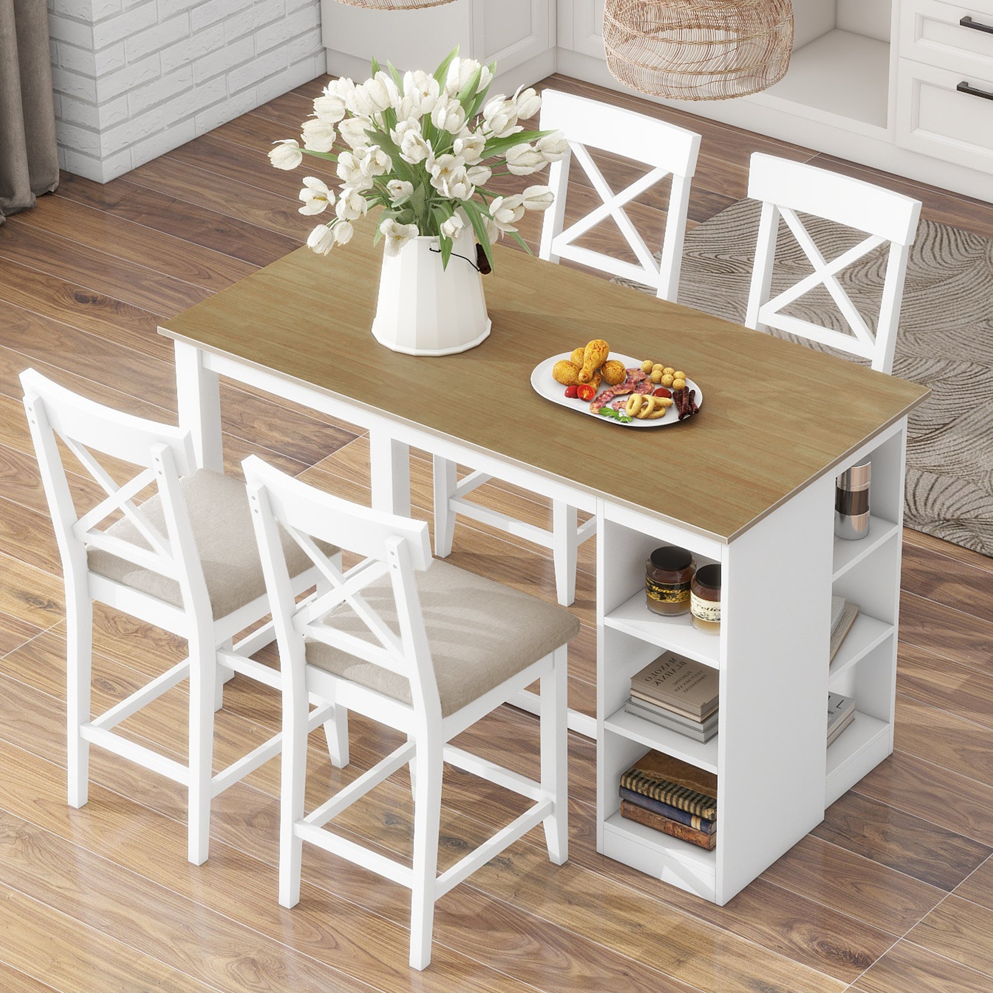 White Farmhouse Counter Height Dining Table Set with Storage & Upholstered Chairs for 4 (5-Piece)