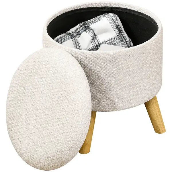 Cream White Storage Ottoman - Round Upholstered Footstool with Lid