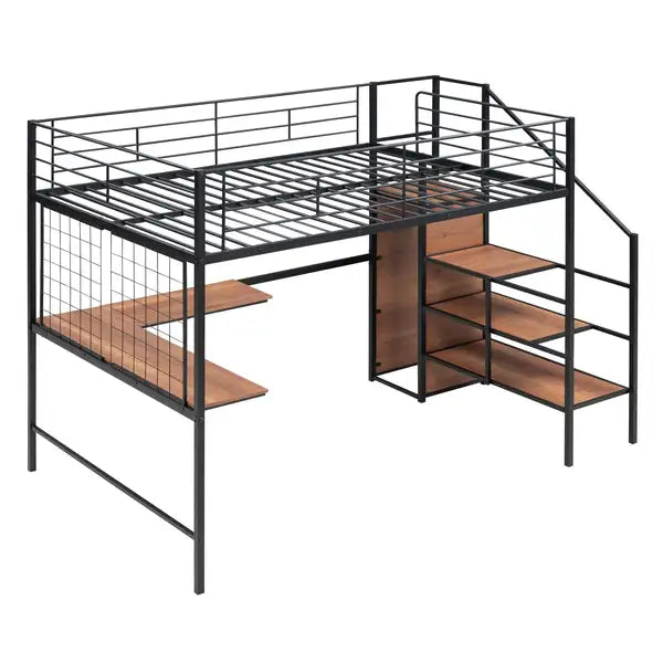 Full Size Metal Loft Bed with Desk, Storage Ladder & Wardrobe - Black - Minihomy