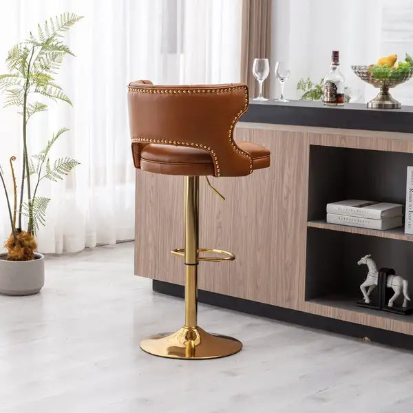 Brown Leather Bar Stools with Back & Footrest - Counter Height (Set of 2) - Minihomy