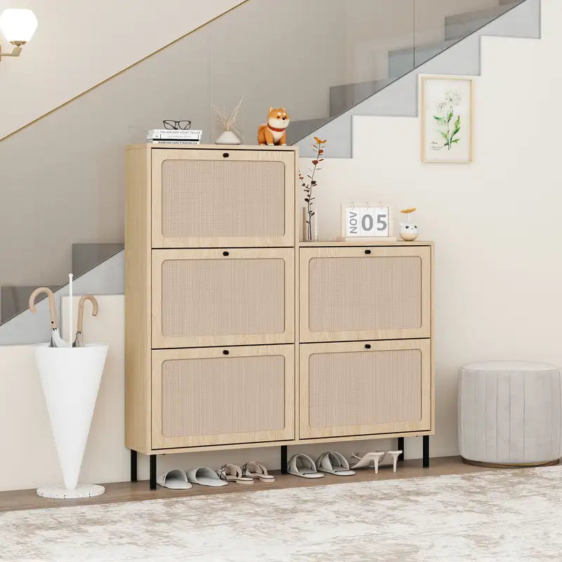 Modern Rattan 5-Door Shoe Cabinet - Entryway Storage