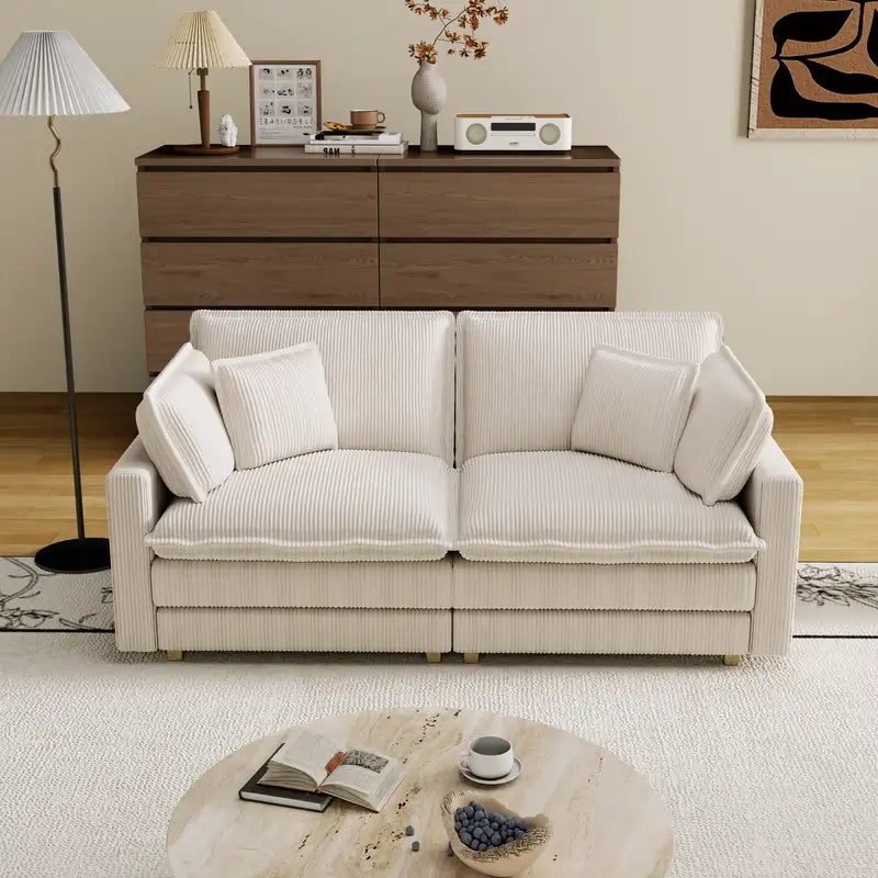 Beige Modular L-Shaped Sectional Sofa with 4 Pillows