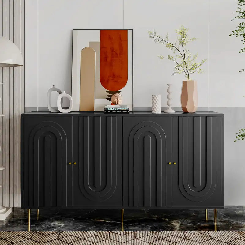 Black Lacquered 4-Door Wooden Sideboard Buffet Cabinet - Modern Storage