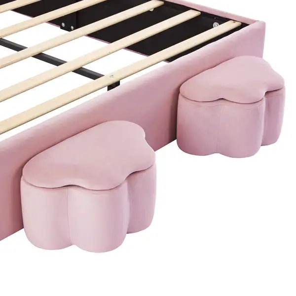 Full Size Upholstered Rabbit Bed with Storage Stools, Pink Velvet Platform Bed with Ears Headboard - Minihomy