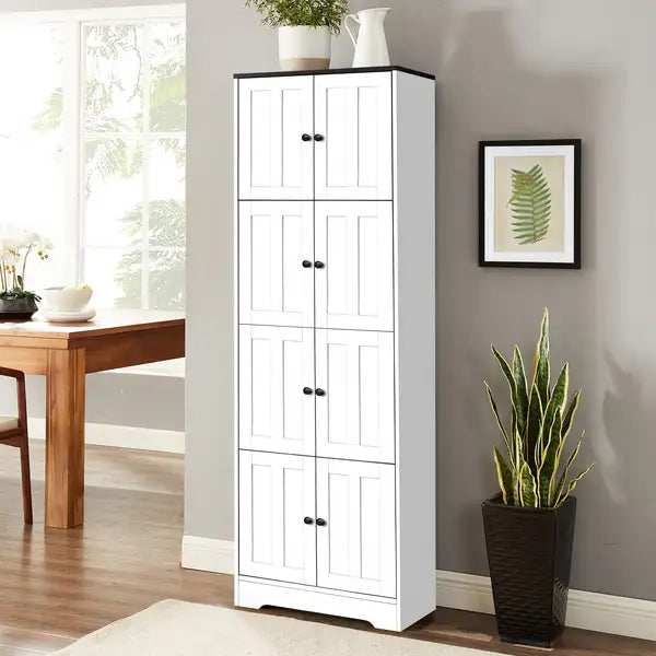 White 8-Door Tall Storage Cabinet with Shelves - Living Room, Kitchen, Bathroom, Bedroom, Office