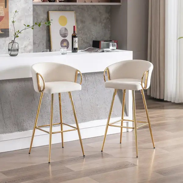 26 Inch Velvet Bar Stools Set of 2, Chrome Base & Footrest, Golden Legs, Cream - Minihomy