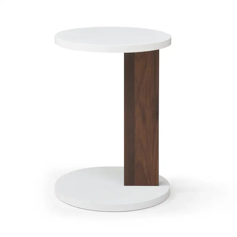 Rustic White & Walnut C-Shaped End Table - Small Sofa Side Table