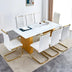 Modern Rectangular Dining Table & 8 Chair Set - Glass Top, Faux Leather Seats, Golden Legs - Minihomy