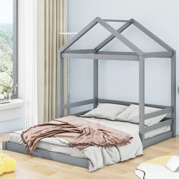 Full Size Wood House Bed with Guardrail - Grey for Kids & Adults