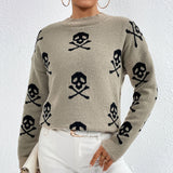 Jacquard Crewneck Pullover Knitted Sweaters For Women Casual Skull Halloween Sweater