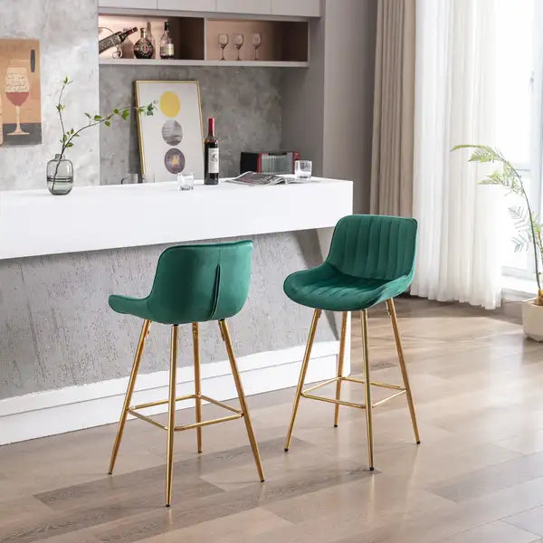 Set of 2 Green Velvet Bar Stools with Chrome Footrest - 26 Inch Counter Stools