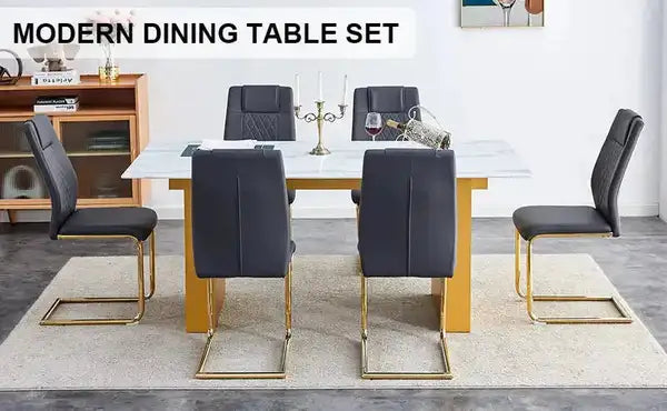 Modern Rectangular Dining Table & 6 Chair Set with Patterned Glass Top and Faux Leather Seats - Minihomy