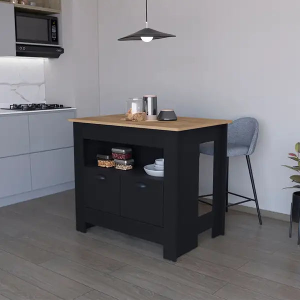 Black 2-Door Kitchen Island: Storage & Counter Space