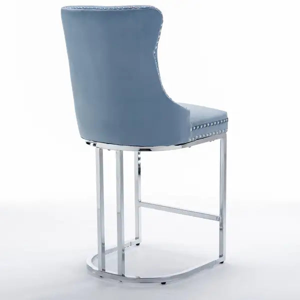 Modern Velvet Bar Stools Set of 2, Light Blue - Counter Height, Button Back & Rivet Trim, Chromed Metal Base - Minihomy