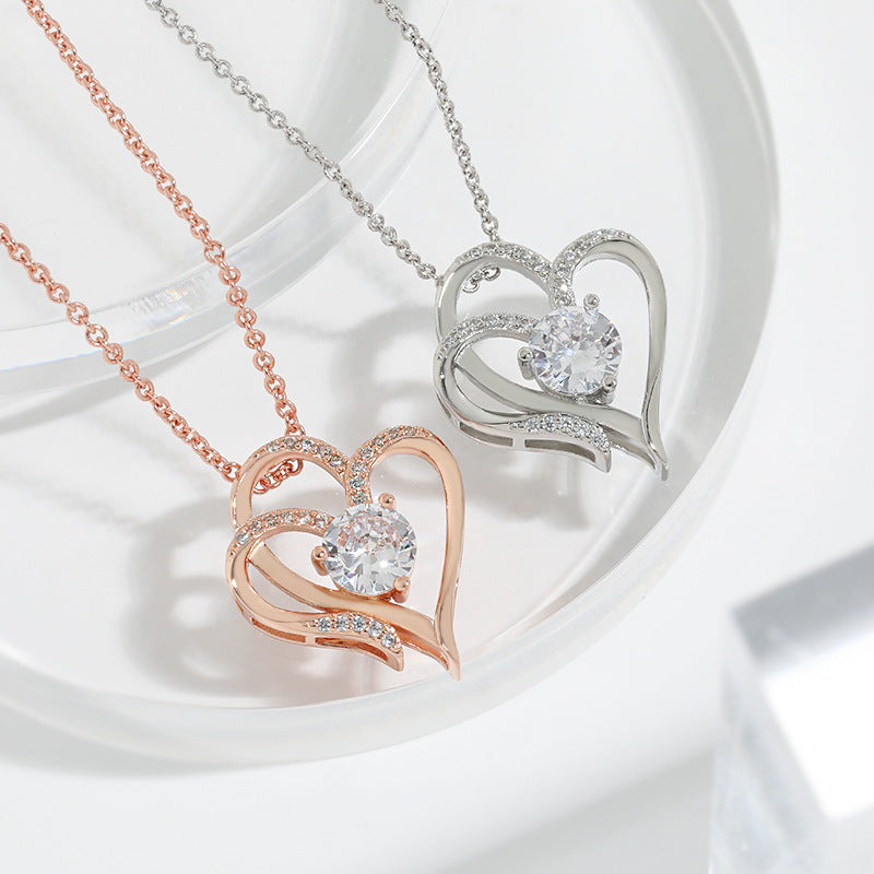 Zircon Double Love Necklace With Rhinestones - Ins Personalized Heart-shaped Necklace