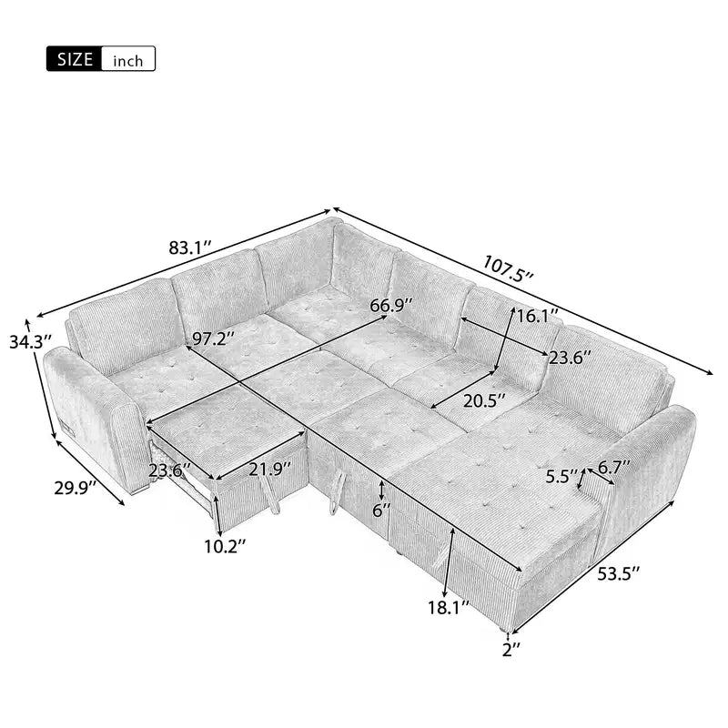 Beige U-Shaped Sectional Sofa with Pull-Out Bed & Storage