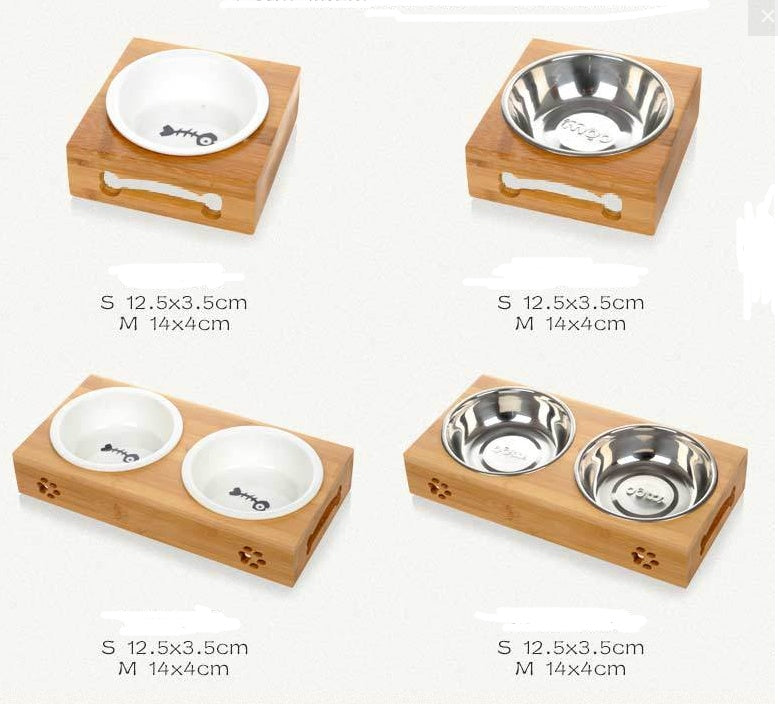 Bamboo & Ceramic Pet Dog Bowls - Single, Double, & Triple Sets - Stainless Steel Table - Minihomy