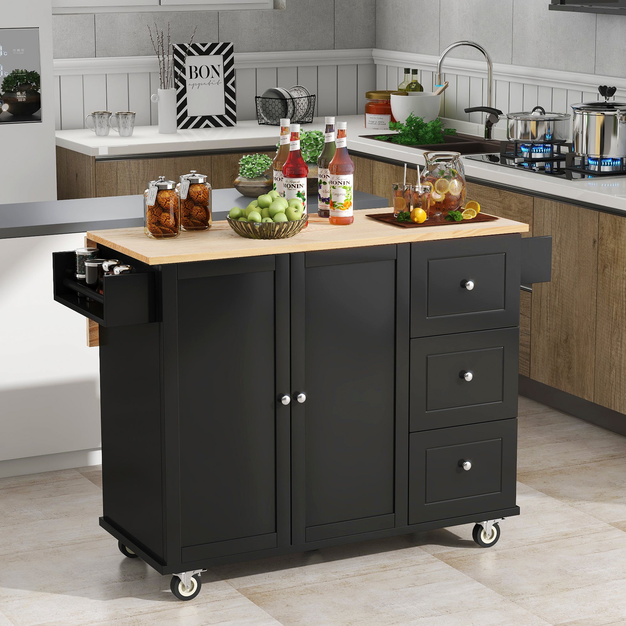 Mobile Kitchen Island with Solid Wood Top, Storage, Breakfast Bar, & Locking Wheels (Black)