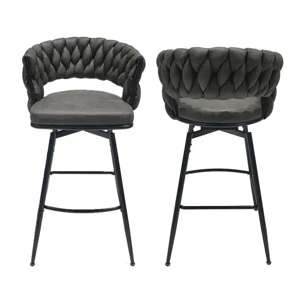 Tan Leather Woven Bar Stools Set of 2 - Black Legs, Swivel, Backrest & Footrest - Kitchen Island Counter Chairs