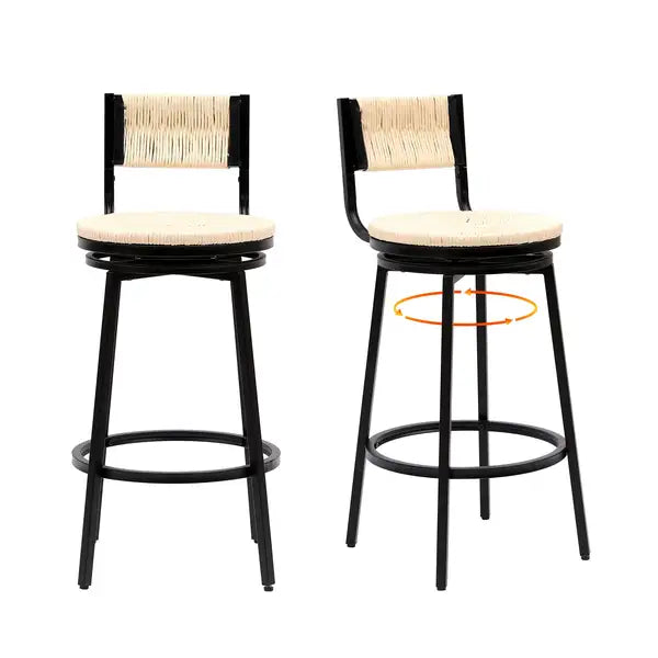 Creamy White Swivel Bar Stools - Set of 2 - Hand Woven Paper Rope Dining Chairs for Kitchen Counter - Minihomy