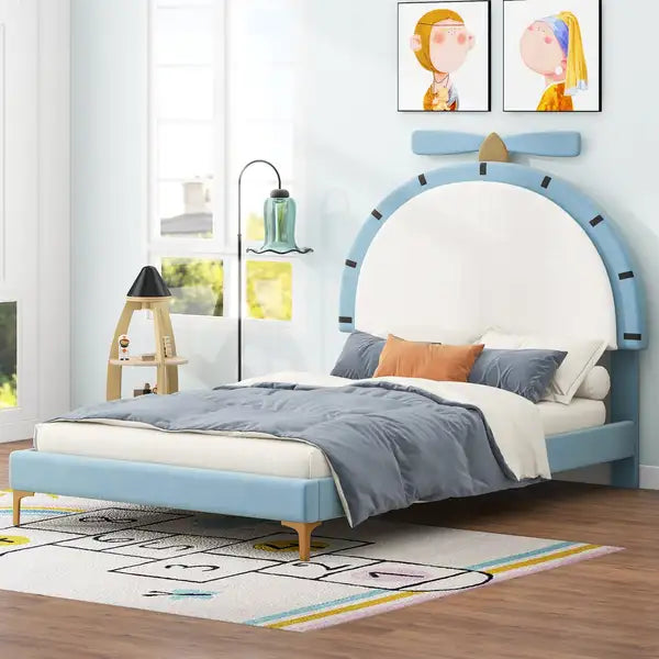 Twin Upholstered Platform Bed with Alarm Clock Headboard - Blue