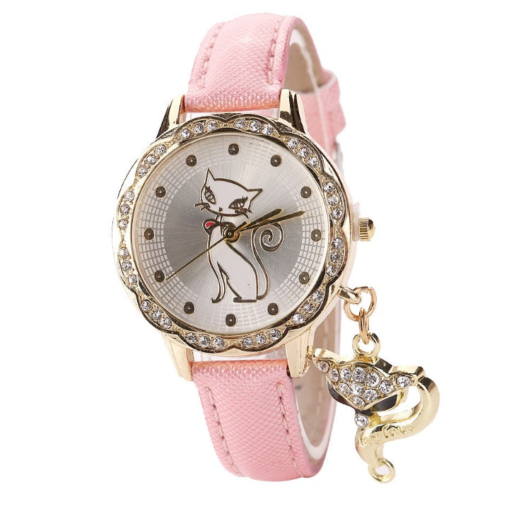 Fashion Cute Cat Pattern watch bracelets Clock Gift Women Girl Watches Luxury Diamond Analog Leather Quartz Wrist Watches