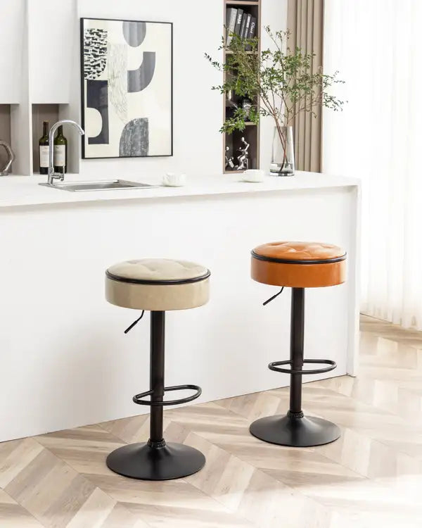 Khaki Faux Leather Bar Stools Set of 2 | Height Adjustable Swivel Counter Stools for Kitchen & Living Room - Minihomy