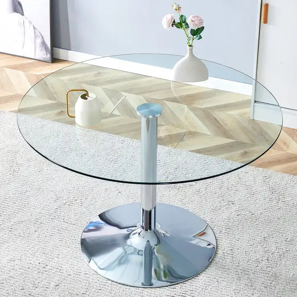 47" Round Glass Dining Table with Silver Metal Legs - Modern Minimalist Design - DT-1166