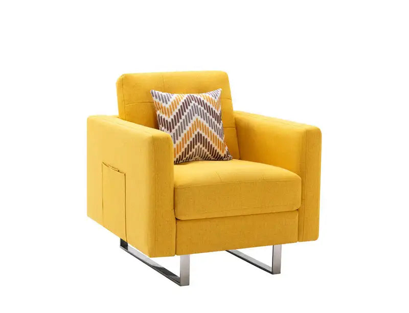 Yellow Linen Armchair with Metal Legs & Pillow - Victoria 33.5"