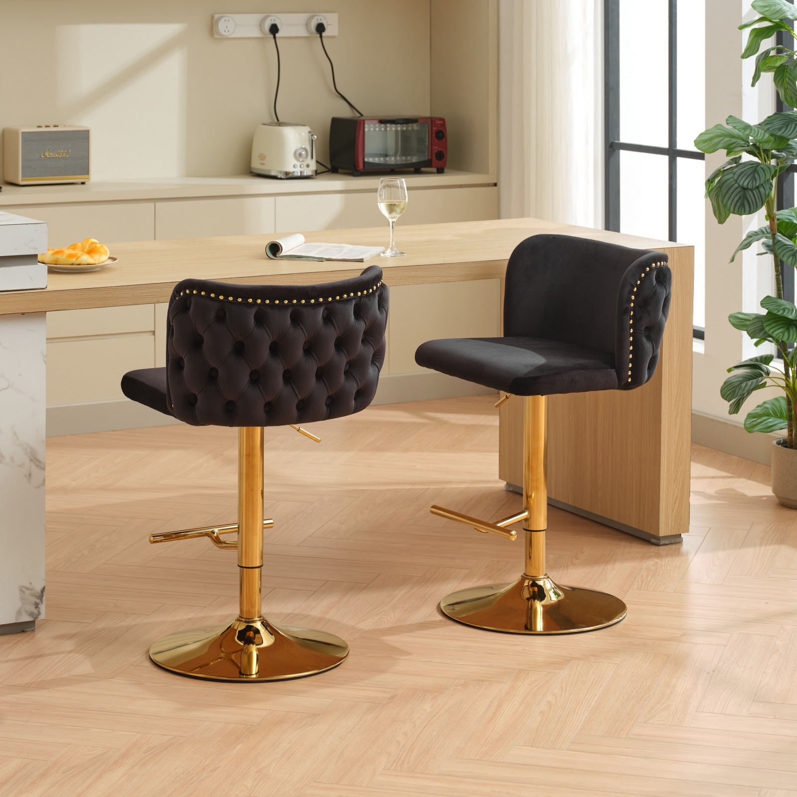 Black Velvet Swivel Bar Stools with Gold Base, Adjustable Height, Tufted Back, Set of 2 for Kitchen Island