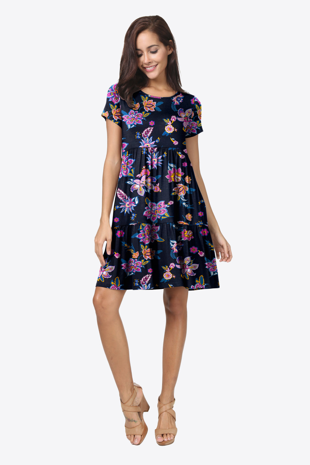 Printed Round Neck Short Sleeve Dress