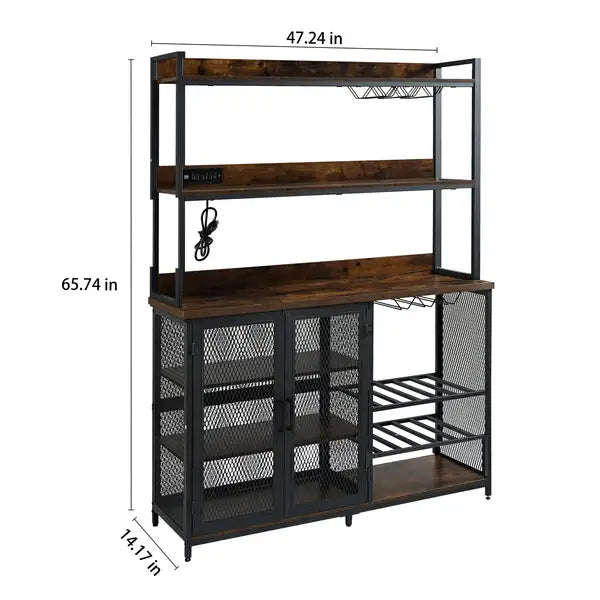 Industrial Coffee Bar Cabinet with Power Outlet, LED Strip & Glass Holder, 3-Tier Liquor Cabinet for Home, Dining Room, Kitchen, Vintage Brown