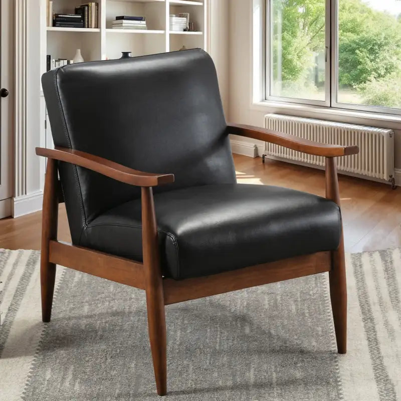 Black Leather Accent Chair with Wooden Base - Archer